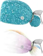 [WOSHJIUK] Working Hat 2 Pack Scrub Caps for Women,Light Blue Green Snowflake,Tie Back Cap Adjustable Scrub Hat