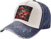 [YANYU] Beautiful Red Poppy Flower Print Fashion Washed Distressed Baseball Cap Vintage Adjustable Hat with Classic Brim, Navy Blue, One Size