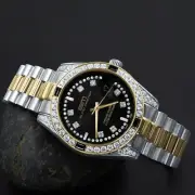 Mens Solid Steel 2 Tone Gold Black Dial Simulated Diamonds President Watch 40mm