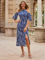 Sosandar Blue Cold Shoulder Midi Dress (751645) | $89