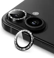 JETech Camera Lens Protector for iPhone 16 6.1-Inch and iPhone 16 Plus 6.7-Inch, Bling Glitter Individual 9H Tempered Glass Metal Ring Cover, HD Clear, 1 Set (Black)