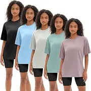 [Kinglaman] 1/5 Pack Workout Oversized T Shirts for Women, Short Sleeve Plus Size Baggy Dry Fit Athletic Gym Shirts Tops Tees, 1 Black 1 Dark Pink 1 Blue 1 Ash Grey 1 Green, Small