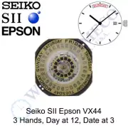 Genuine Seiko SII Epson VX44 Watch Movement Japan 3 Hands, Date at 3, Day at 12
