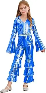 YiZYiF Kids Girl 70s Disco Costume Retro Metallic Glossy Long Bell Jumpsuit Disco Fox Halloween Costume