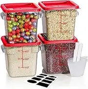 4QT NSF Food Storage Containers: 4 PCS [Food Grade][Hot&Cold Resistant] Commercial Clear Food Storage Containers with Lids for Restaurant Kitchen Proof Dough, Measuring Spoons Included(RED)