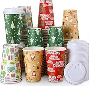 Zhehao 100 Pcs Christmas Paper Cups with Lids 16 oz Disposable Hot Chocolate Cups Xmas Hot Cocoa Party Supplies for Coffee Tea Water Hot Cold Beverages