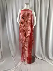 Peacock Feathers Embroider With Red Sequins On A Red Mesh-Sold By 2 Panels.