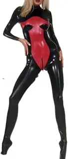 [DAIJES] Black and Red Latex Catsuit with Feet Socks Back to Front Crotch Zip Rubber Bodysuit