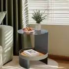 2Tier Chic Sofa Side Table Glossy Glass Tabletop Accent Table Leather Open Shelf