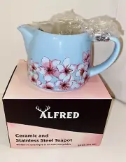 Alfred Ceramic and Stainless Steel Teapot Blue Pink White Floral 20 oz NIB