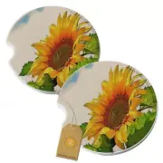 Sunflower Blue Sky Car Coasters Gift Set Sandstone Cup Holder Bling