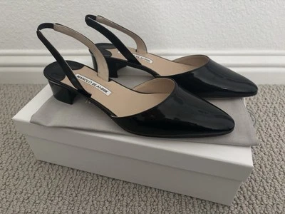 BNIB Manolo Blahnik Aspro Black Patent Slingbacks With Block Heel - Sz 37