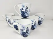 Set Of 7 Mikasa Darcy Mugs White Bone China Blue Floral 12 oz. Coffee New