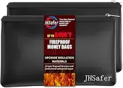 [JHSafer] 6400℉ Fireproof and Waterproof Money Bags 2pcs with Zipper,11''x6.3'' Fireproof Cash Bag with Zipper,Fireproof Wallet Envelope Safe Pouch Fireproof Bags for Cash Passports Keys Jewellery(Black)