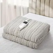 [BEDRA BEDDING] Electric Heated Throw Rug with Sherpa & Croal Fleece Fabric, 9-Hour Timer Snuggle Blanket Overheat Protection Adjustable 9 Heat Washable Single Controler, 160 x 130cm, Beige and Navy
