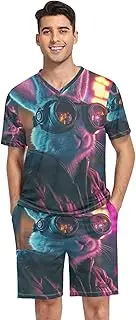 [Joisal] Wolves Howling Flames Men Short Pajamas Set V Neck Men Loungewear Sets With Pockets Mens Small Pajamas Set
