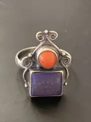 Purple Stone & Coral Navajo Sterling Silver Ring Size 10 11524