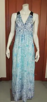 SABA BUTTERFLY MAXI DRESS Size 8 sleeveless white-shades of blue silk new tag