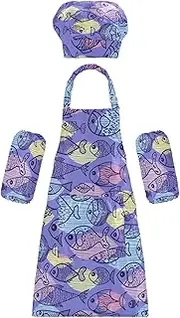 AIXIWAWA Kids Apron Chef Hat Set, Child Kitchen Bib Aprons Adjustable for Cooking Baking Painting (Cute Fish), Colored, Small