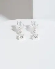 Silver Cubic Zirconia Post Drop Circle Stone Earrings