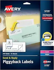 Avery Send & Reply Piggyback Mailing Labels 0, 1" x 3", Pack of 240 (5735)