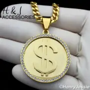 18-36"MEN Stainless Steel 5mm Gold Plated Cuban Chain CZ $ Sign Pendant*G110