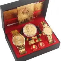 在飛比找蝦皮購物優惠-ANG-【熱銷】越南沙金降壓金錶紀念手錶情侶表一盒兩塊石英夜
