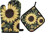 Quteprint Watermelon Sunflower Pattern Heat Resistant Oven Mitts and Pot Holders Set - 500F Thick Quilted Cotton Kitchen Gloves with Non-Slip Grip for Cooking, Baking, Grilling & BBQ