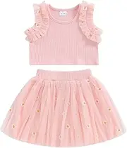 [JLKGICF] Toddler Baby Girl Skirts Outfit Ruffle Sleeveless Tank T-Shirt Tops Daisy Tutu Skirts Summer Clothes 1T 2T 3T 4T