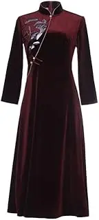 [ChangNanJun] Women's Velvet Cheongsam Dress 3/4 Sleeve Mandarin Traditional Chinese Embroidery Qipao Wine Red XL