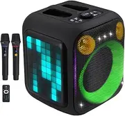 [ELIRIRA] Pixel Box Portable Bluetooth Karaoke Machine Party PA System 2 UHF Wireless Microphones, 6.5" Subwoofer, 180W Bass, Dynamic LED Lights, for Adults, Kids