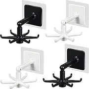 4 Pieces 360 Rotating Folding Hook Multi-purpose Hanging Utensil Holder Hook 180 Degrees Vertical Flip Self-Adhesive Hook Utensil Rack with 6 Hooks for Kitchen Bathroom Cabinet Towel (Black, White)