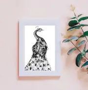 Peacock Pen & Ink Print 8"x10", Home Decor Artwork, Zentangle