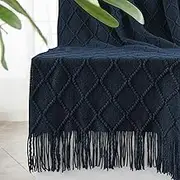 inhand Knitted Throw Blankets for Couch and Bed, Soft Cozy Knit Blanket with Tassel, Dark Blue Lightweight Decorative Blankets and Throws, Farmhouse Warm Woven Blanket for Men and Women, 60"x80"