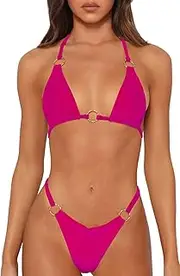 [OWICA] Women Sexy Triangle Bikini 3 Piece Spaghetti Strap Top Thong Swimsuit, Halter Bikini swimsuit, Tie at Neck and Back