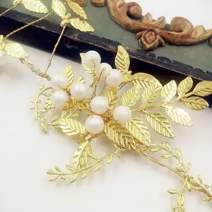 羅絲新娘飾品~<現貨>韓式新娘頭飾手工金色葉子軟鏈額飾