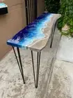 Ocean Epoxy Console End Counter Top, Live Edge Wooden Buffet Corner Table Decor