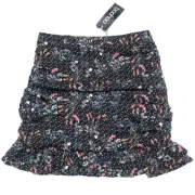 NEW Size 10 Floral Ruched Mini Skirt Black Polka Dot Drop Hem Lined Stylish