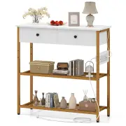 CostwayEntryway Table with Charging Station and 2 Metal Mesh Shelves-White