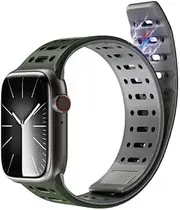 PZOZ Magnetic Clasp Band for Apple Watch 49mm/46mm/45mm/44mm/42mm(Series 3/2) for Women Men, Soft Silicone Breathable Sport Strap for iWatch Series 10 Ultra SE 2 9 8 7 6 5 4 (Dark Green + Grey)