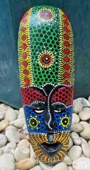 Hand Painted Wood Decor Totem Aboriginal Dot Art Wall Hanging Tribal Tiki Mask
