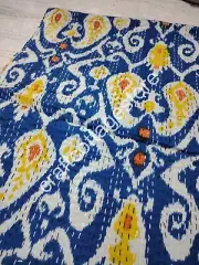 Unique Kantha Hand Block Print Quilt Handmade Bedspread Quilt King Blue