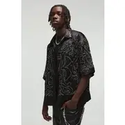 Mens Black Oversized BM Embroidered Shirt 3/4 Sleeve Print Shirt