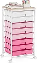 TOOLF Pink 8-Drawer Rolling Storage Cart with Wooden Tabletop, Craft Storage, Teacher Cart, Office, Classroom, Bedroom