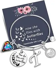 [LAXTO] Bracelet，Bracelets，Bangles，Memorial Jewelry Sympathy Gift, Now She Flies with Butterflies Gifts Butterfly Charm for Women Girls Loss of a Mother Gift (T)
