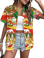 [PECHAR] Christmas in July Shirts for Women Christmas Santa Ugly Graphic T-Shirts Summer Hawaiian Button Up Blouse Tops