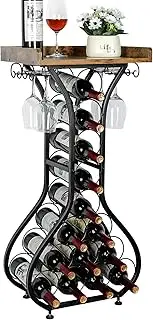 X-cosrack Wine Rack Freestanding Floor, Mini Bar Table Wine Holder Stand Liquor Cabinet with Glass Holder Wood Tabletop 14 Bottles Floor Wine Storage for Home Bar Kitchen Living Room (Patent Pending)