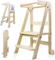 Xisiciao Foldable Toddler Kitchen Tower, Baby Montessori Kitchen Helper with Whiteboard and Safety Rail, Kids Wooden Learning Tower Adjustable Learning Step Stool (Natural)