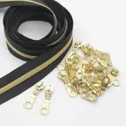 Leekayer #5 Gold Metallic Nylon Coil Zippers by the Yard Bulk 10 Yards Black Tap