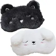 Shinywear 2 Pcs Cute Sleepping Eyemask Black Cat & White Dog Animal Cartoon Style Silk Feeling Plush Eye-Shade Cover Blinder